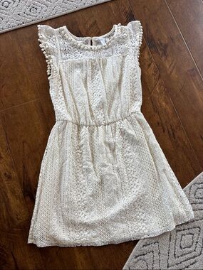 Xhilaration Wonen's Cream Lace Dress with Pom Sleeve Trim SZ M